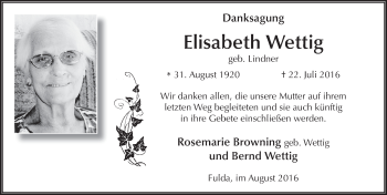 Traueranzeige von Elisabeth Wettig 