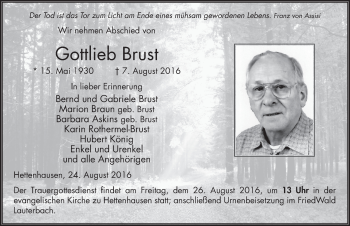 Traueranzeige von Gottlieb Brust 
