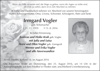 Traueranzeige von Irmgard Vogler 