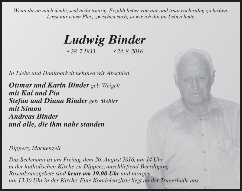  Traueranzeige für Ludwig Binder vom 25.08.2016 aus 