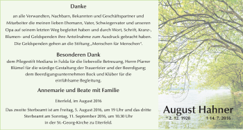 Traueranzeige von August Hahner 