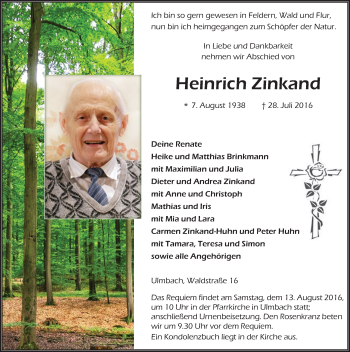 Traueranzeige von Heinrich Zinkand 