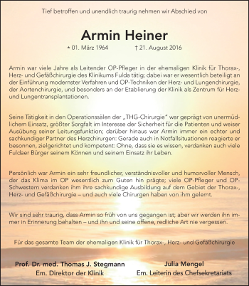 Traueranzeige von Armin Heiner 