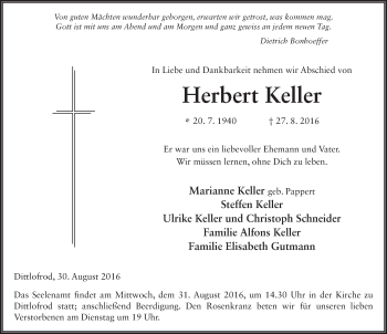 Traueranzeige von Herbert Keller 