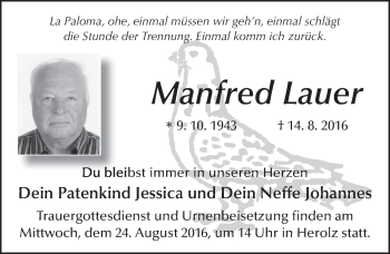 Traueranzeige von Manfred Lauer 