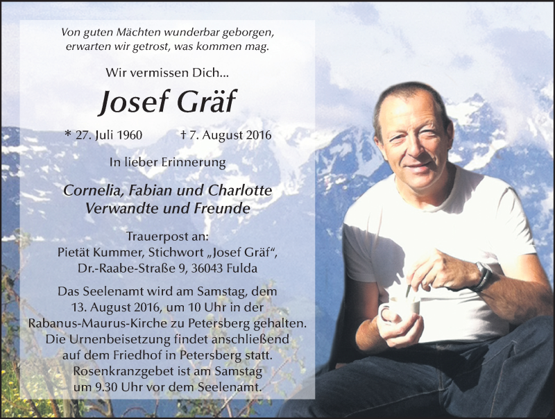  Traueranzeige für Josef Gräf vom 09.08.2016 aus 