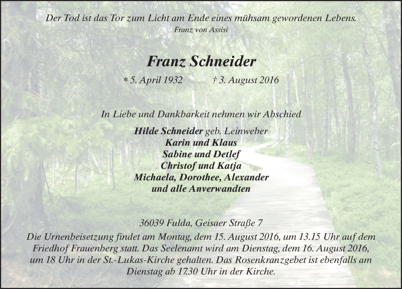  Traueranzeige für Franz Schneider vom 10.08.2016 aus 