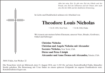 Traueranzeige von Theodore Louis Nicholas 