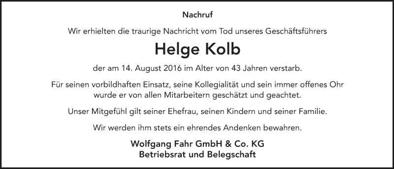  Traueranzeige für Helge Kolb vom 16.08.2016 aus 