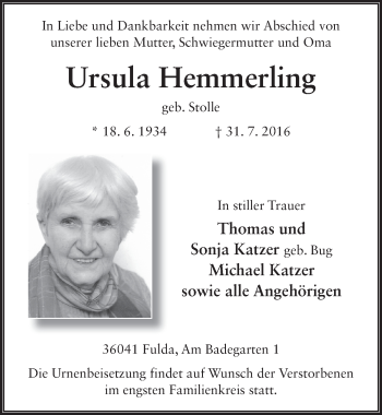 Traueranzeige von Ursula Hemmerling 