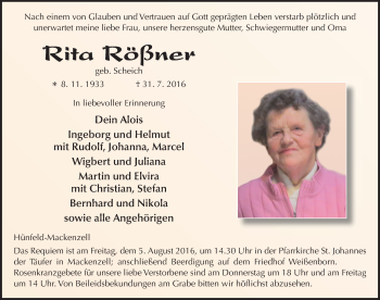 Traueranzeige von Rita Rößner 