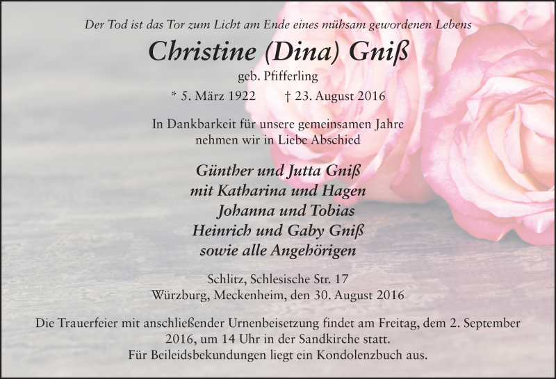  Traueranzeige für Christine Gniß vom 30.08.2016 aus 