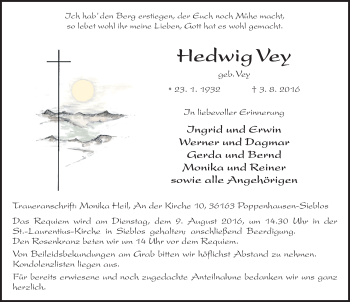 Traueranzeige von Hedwig Vey 