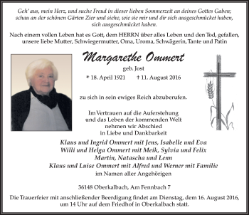 Traueranzeige von Margarethe Ommert 