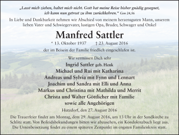 Traueranzeige von Manfred Sattler 