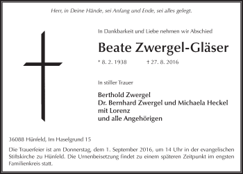 Traueranzeige von Beate Zwergel-Gläser 