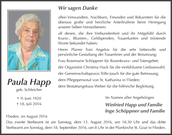 Traueranzeige von Paula Happ 