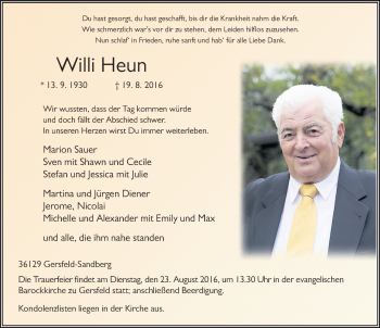 Traueranzeige von Willi Heun 