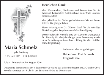 Traueranzeige von Maria Schmelz 