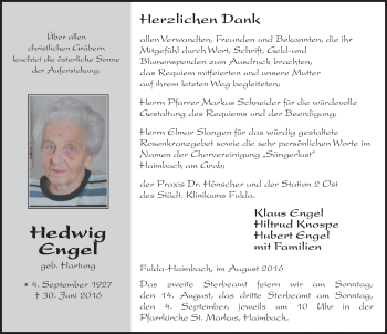 Traueranzeige von Hedwig Engel 