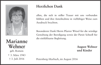 Traueranzeige von Marianne Wehner 