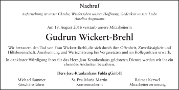 Traueranzeige von Gudrun Wickert-Brehl 