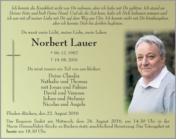 Traueranzeige von Norber Lauer 