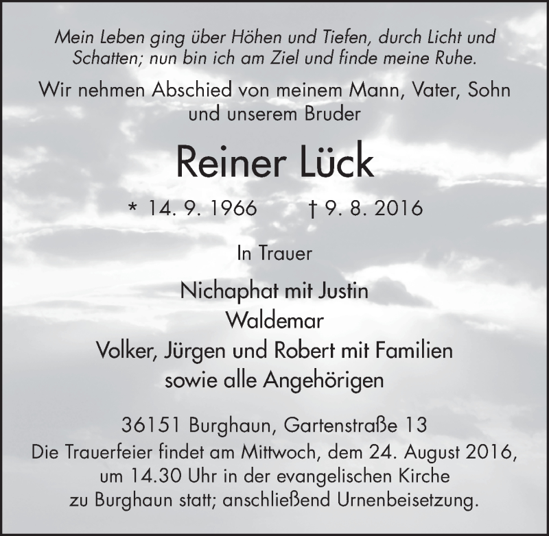  Traueranzeige für Reiner Lück vom 20.08.2016 aus 