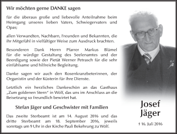 Traueranzeige von Josef Jäger 