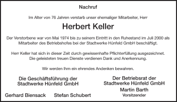 Traueranzeige von Herbert Keller 