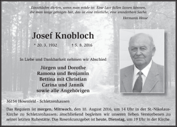 Traueranzeige von Josef Knobloch 