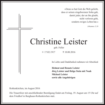 Traueranzeige von Christine Leister 