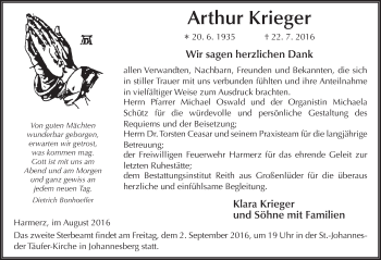 Traueranzeige von Arthur Krieger 