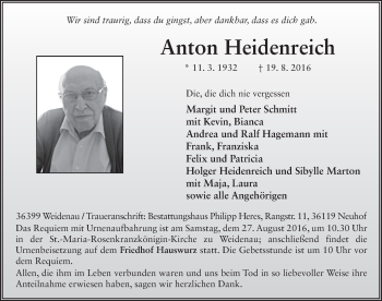 Traueranzeige von Anton Heidenreich 