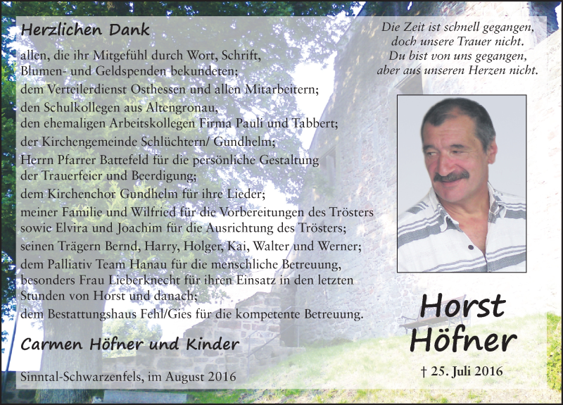  Traueranzeige für Horst Höfner vom 26.08.2016 aus 