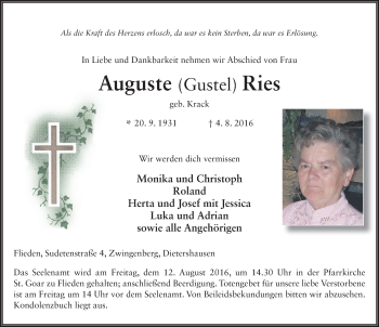 Traueranzeige von Auguste Ries 