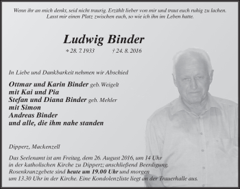 Traueranzeige von Ludwig Binder 