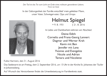 Traueranzeige von Helmut Spiegel 