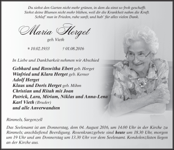 Traueranzeige von Maria Herget 