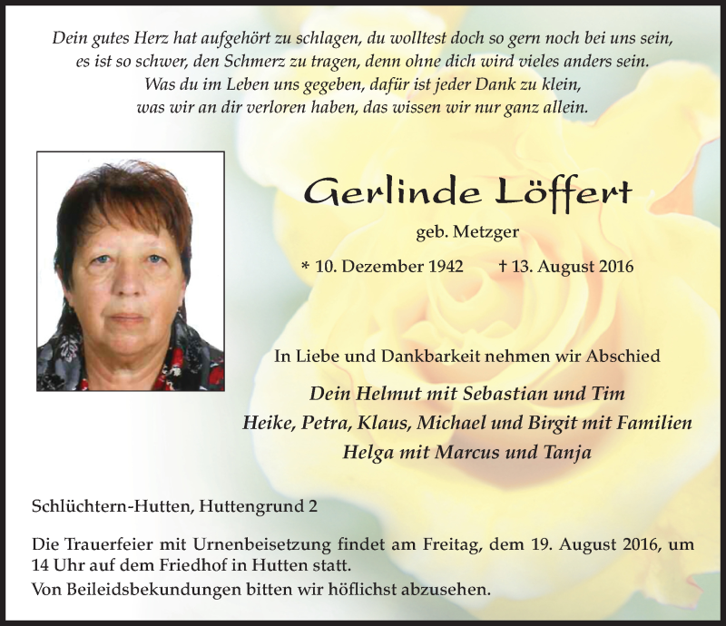  Traueranzeige für Gerlinde Löffert vom 17.08.2016 aus 