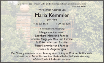 Traueranzeige von Maria Kemmler 
