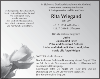 Traueranzeige von Rita Wiegand 