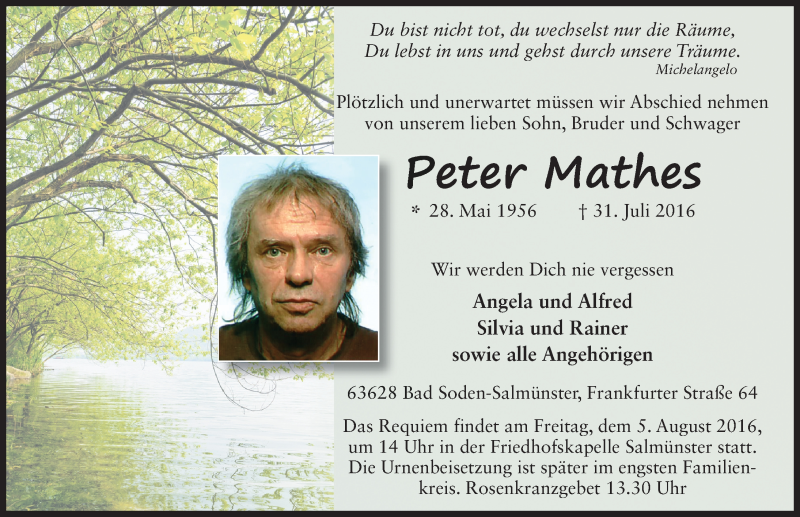  Traueranzeige für Peter Mathes vom 03.08.2016 aus 