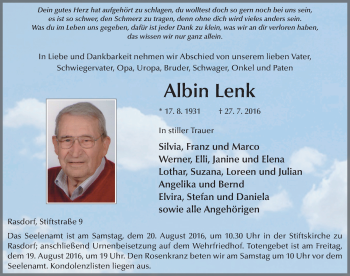 Traueranzeige von Albin Lenk 