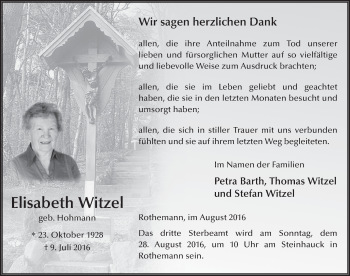 Traueranzeige von Elisabeth Witzel 