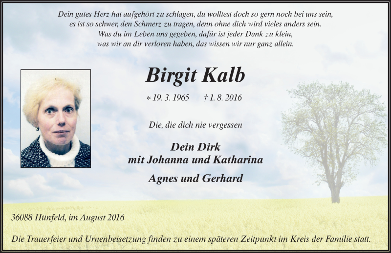  Traueranzeige für Birgit Kalb vom 05.08.2016 aus 