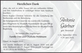 Traueranzeige von Antonie Gärtner 