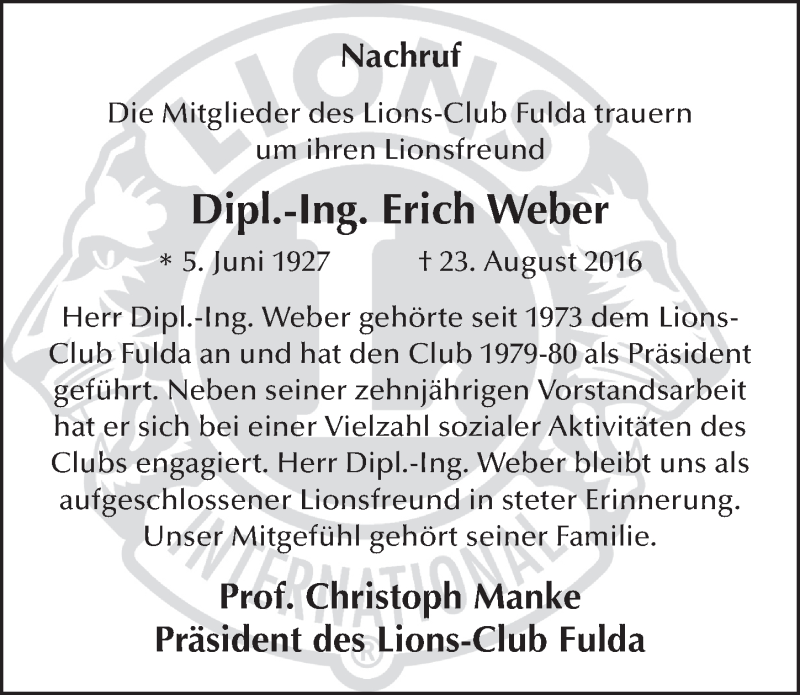  Traueranzeige für Erich Weber vom 27.08.2016 aus 