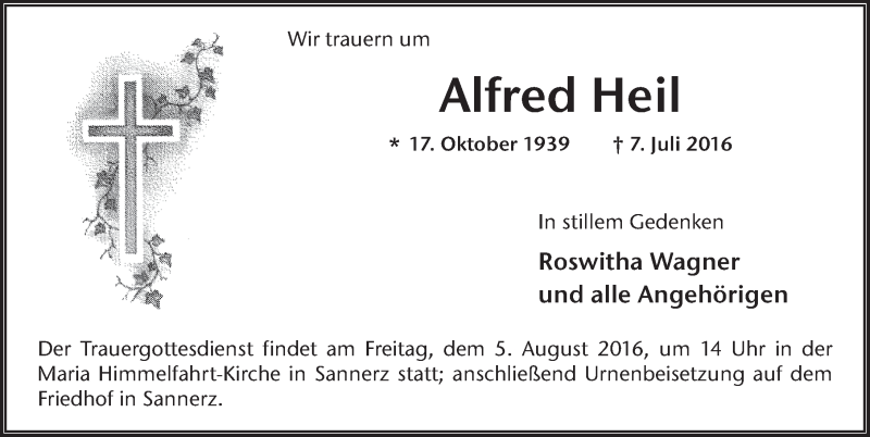  Traueranzeige für Alfred Heil vom 03.08.2016 aus 