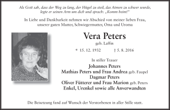 Traueranzeige von Vera Peters 